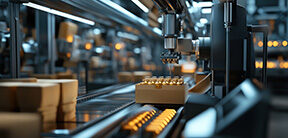 large-scale packaging machines producing consumer goods, realistic textures, clean and efficient workspace, metallic accents