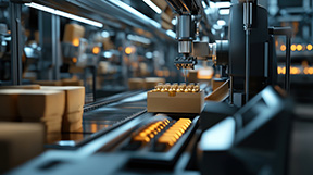 large-scale packaging machines producing consumer goods, realistic textures, clean and efficient workspace, metallic accents