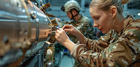 Military engineers working on a missile or rocket in a hangar, assembling and maintaining weapons systems