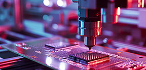 Close-up of a silicon die in semiconductor construction on a pic