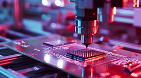 Close-up of a silicon die in semiconductor construction on a pic