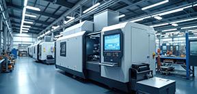 Modern automated factory interior with high tech manufacturing machines, digital control panels, clean industrial environment. Precision engineering equipment operates on production line with